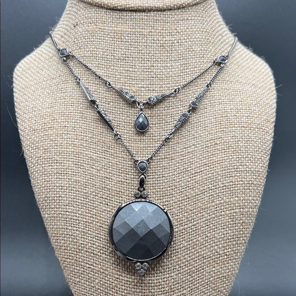 Express XS Layered Gunmetal Statement Necklace Black Faceted Pendant